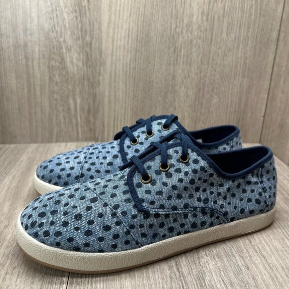 Toms Paseo Sneakers Youth Sz 6 Lace Up Flat Cornflower Slub Chambray Broken Dots - Picture 8 of 11